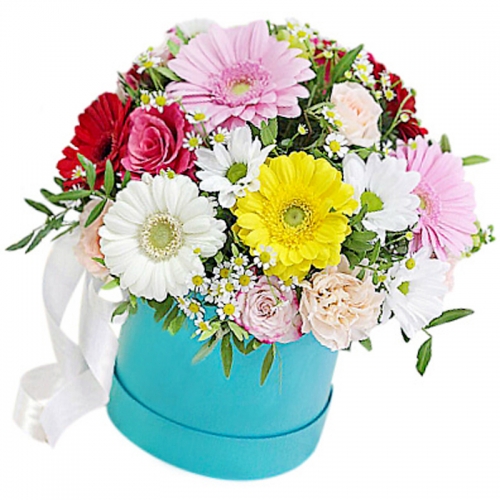 Букет микс в шляпной коробке "Мятный подарок"